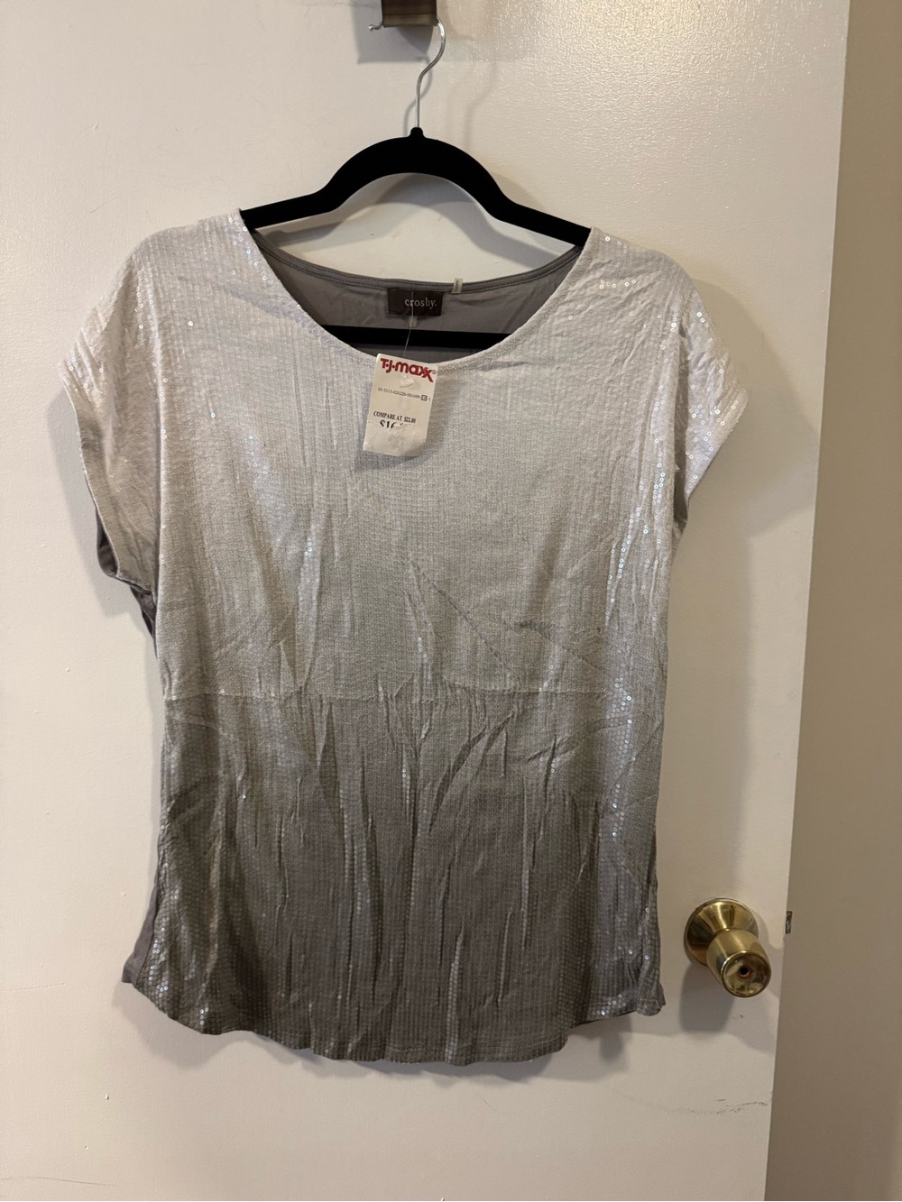 NWT Crosby Silver Sequin Top Large Short Sleeve Shimmer Party Blouse